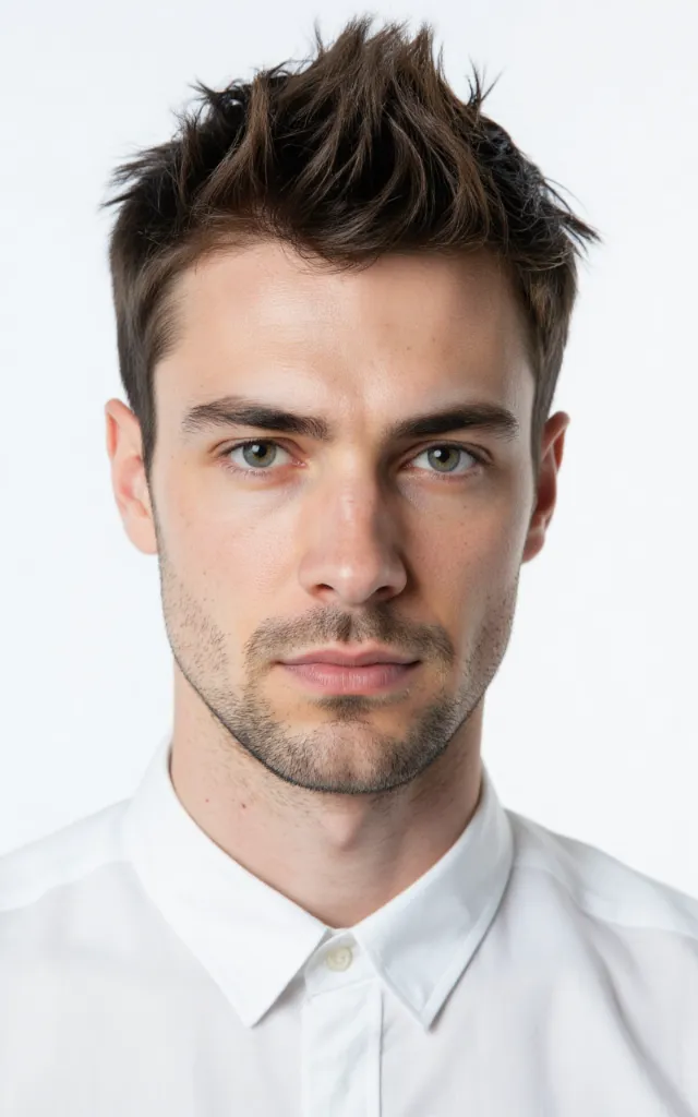 A French male model with Spiky hair, wearing a shirt, against a white background, in a front   facing bust portrait
